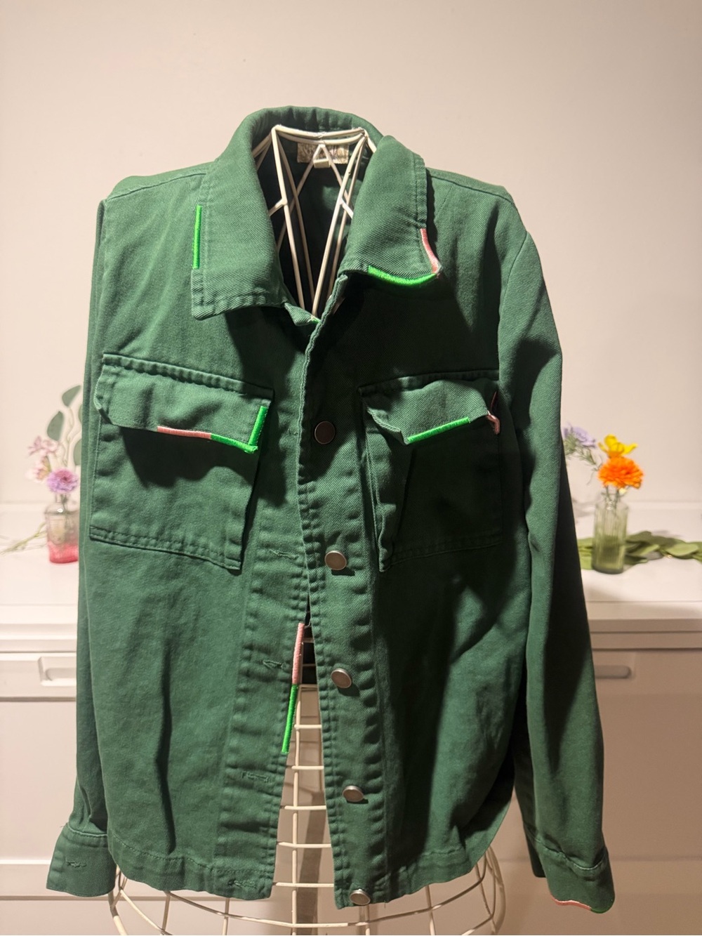 ONE WORLD Forest Green Jean Jacket with Neon Green & Pink Trim
